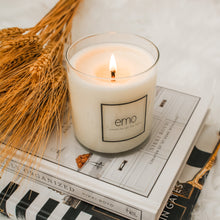 Load image into Gallery viewer, fall emo candle on books with wheat